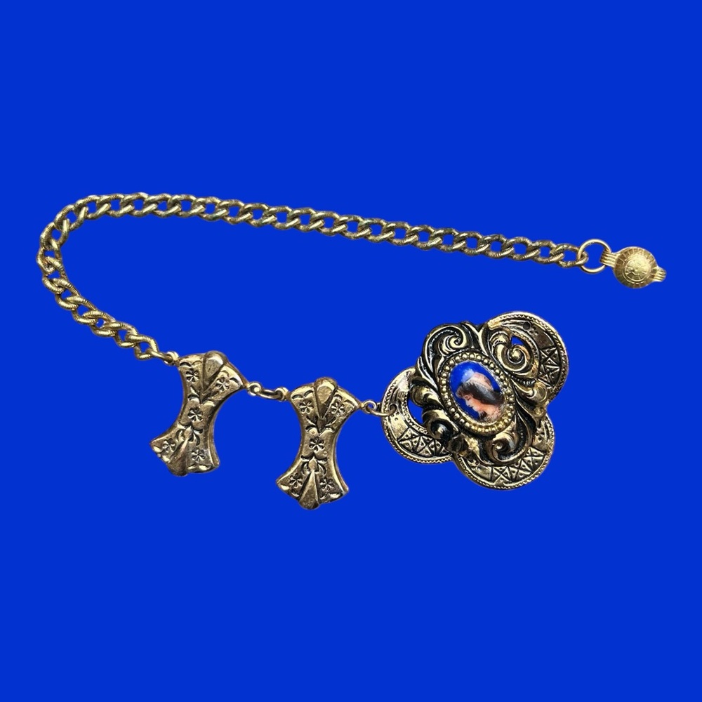 Vintage Ornate Gold-Tone Cloak Clasp? With Painted Portrait Cabochon Art Deco 7”